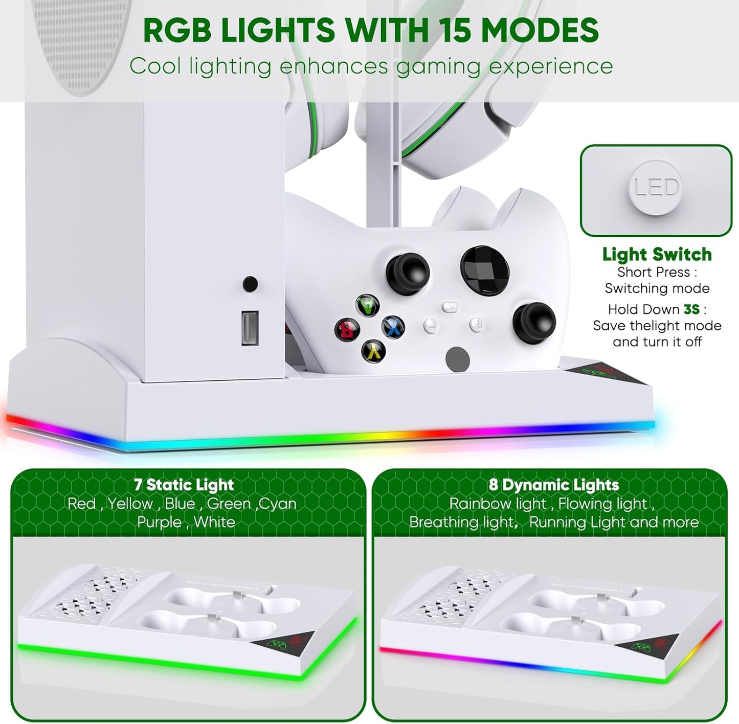 FYOUNG Upgrade RGB Cooling Fan Stand for Xbox Series S with 15 Colorful Light