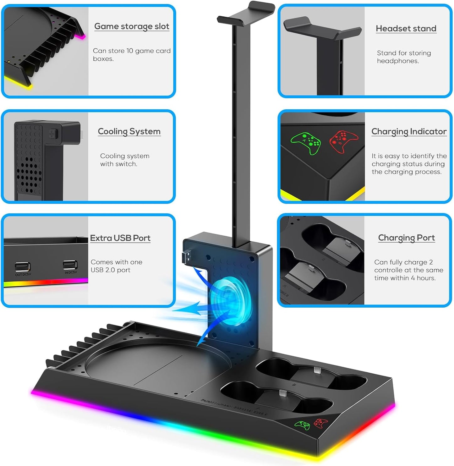 Upgrade Stand for Xbox Series X with Back Cooling Fan& RGB Lights